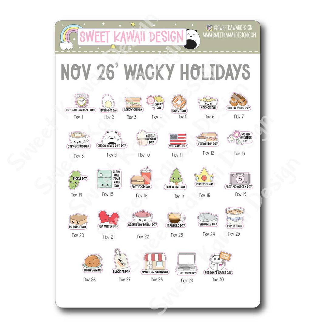 Itty Bitty Kawaii Celebrate the Day Stickers - November 2026