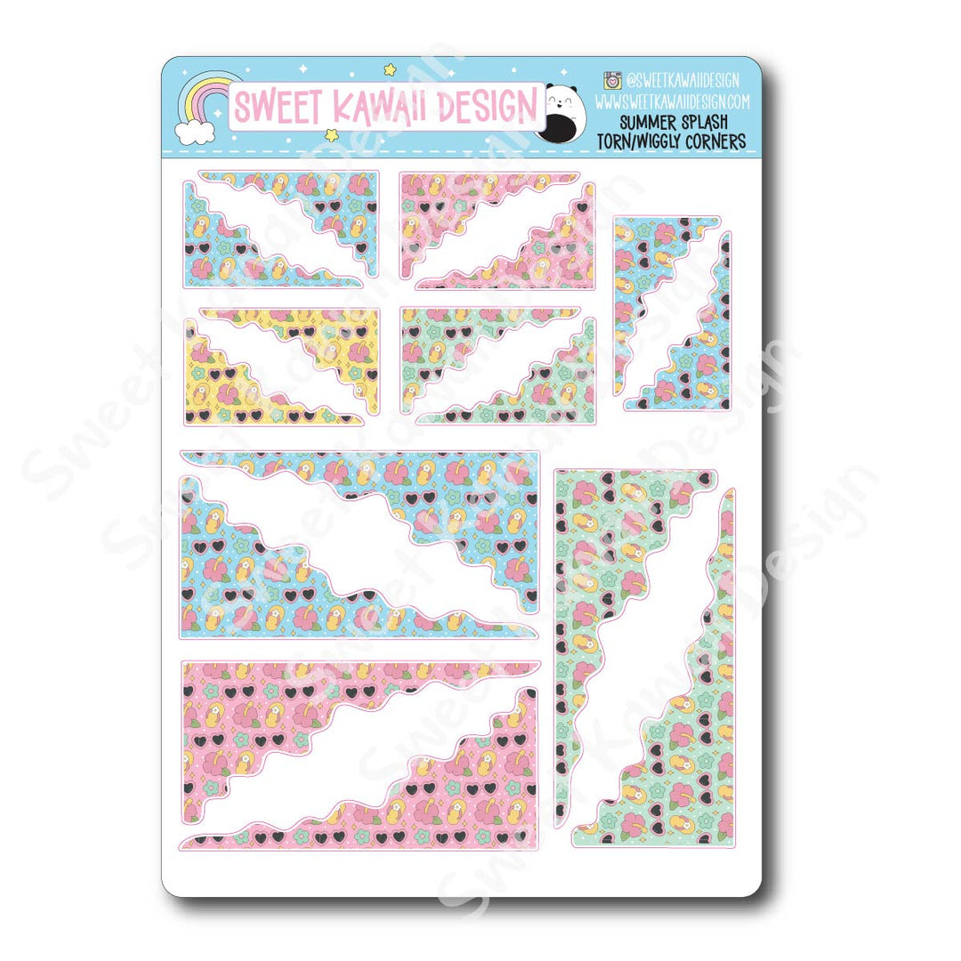 Kawaii Torn / Wiggly Corner Stickers - Summer Splash
