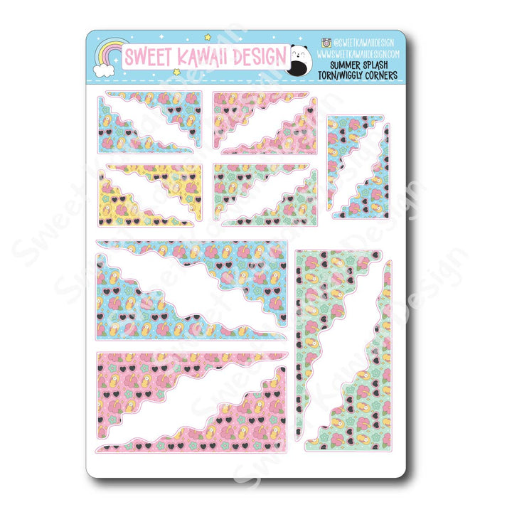 Kawaii Torn / Wiggly Corner Stickers - Summer Splash