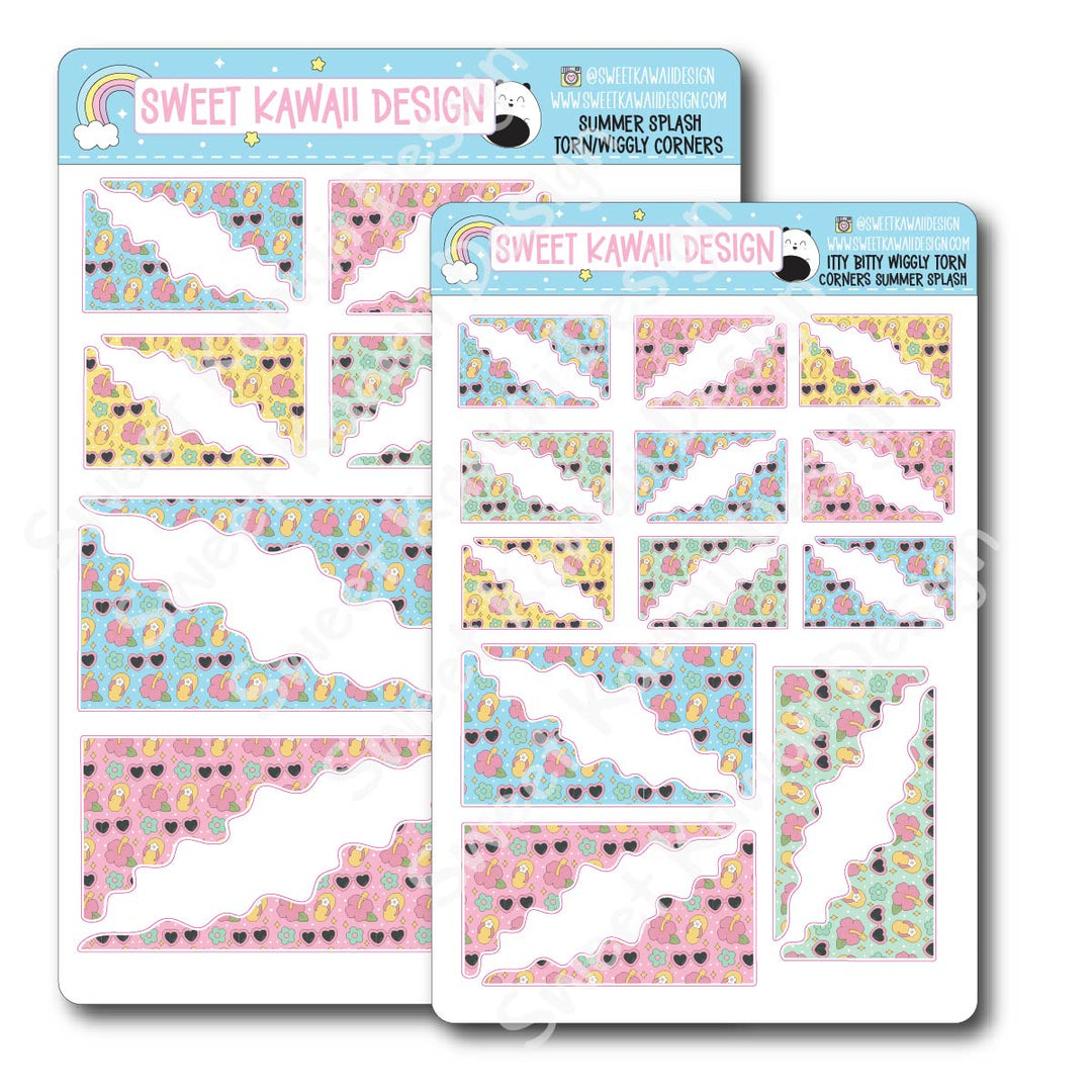 Kawaii Torn / Wiggly Corner Stickers - Summer Splash