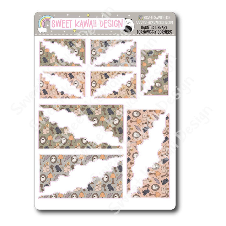 Kawaii Torn / Wiggly Corner Stickers - Haunted Library