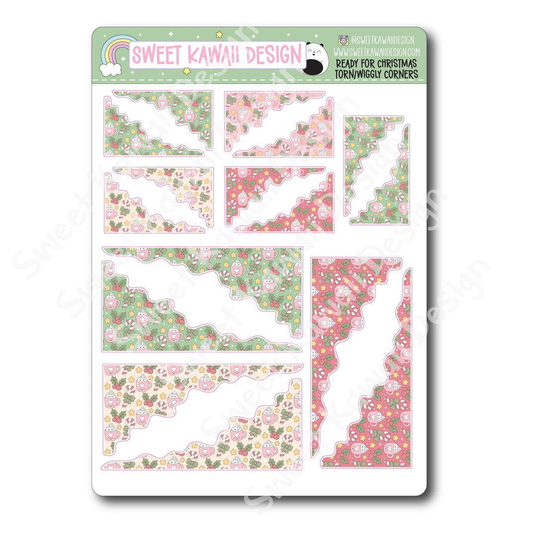 Kawaii Torn / Wiggly Corner Stickers - Ready for Christmas