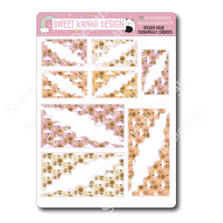 Kawaii Torn / Wiggly Corner Stickers - Golden Hour