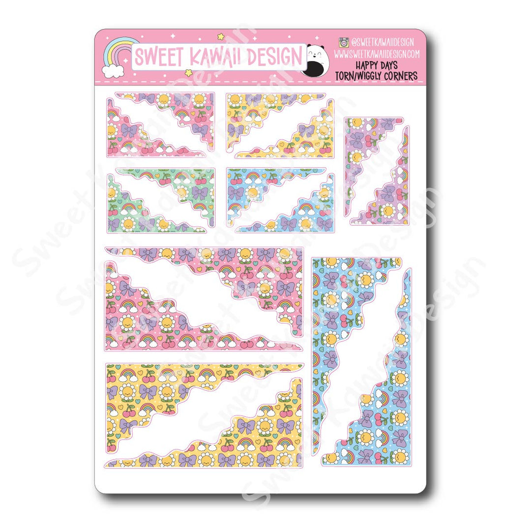 Kawaii Torn / Wiggly Corner Stickers - Happy Days