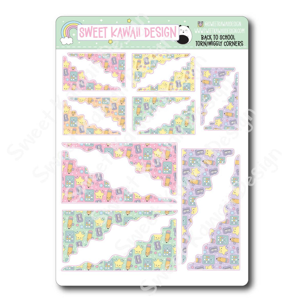 Kawaii Torn / Wiggly Corner Stickers - Back to School