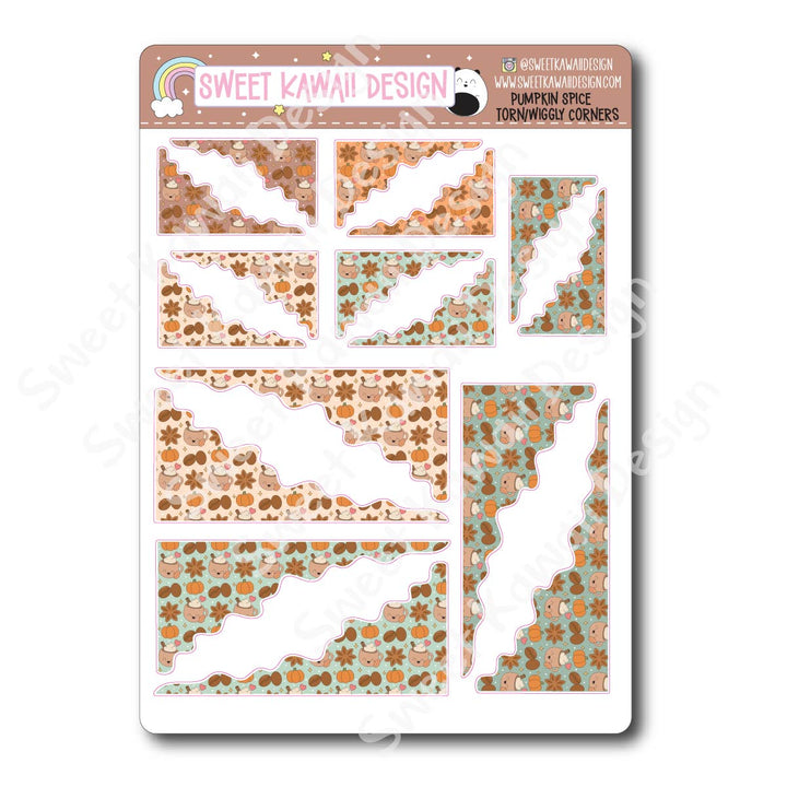 Kawaii Torn / Wiggly Corner Stickers - Pumpkin Spice Latte
