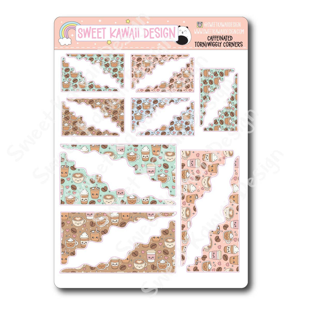 Kawaii Torn / Wiggly Corner Stickers - Caffeinated