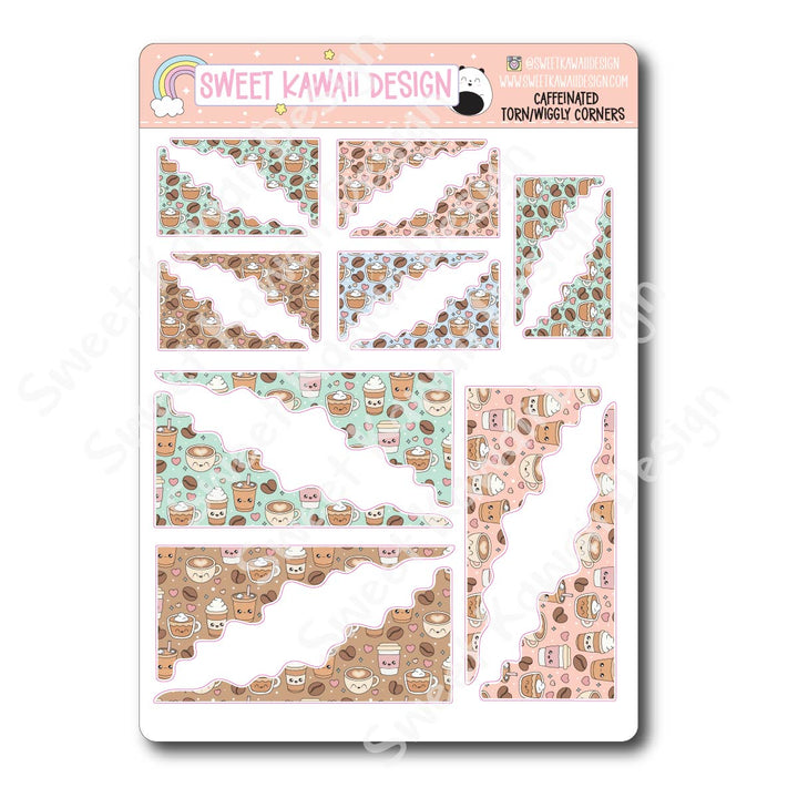 Kawaii Torn / Wiggly Corner Stickers - Caffeinated
