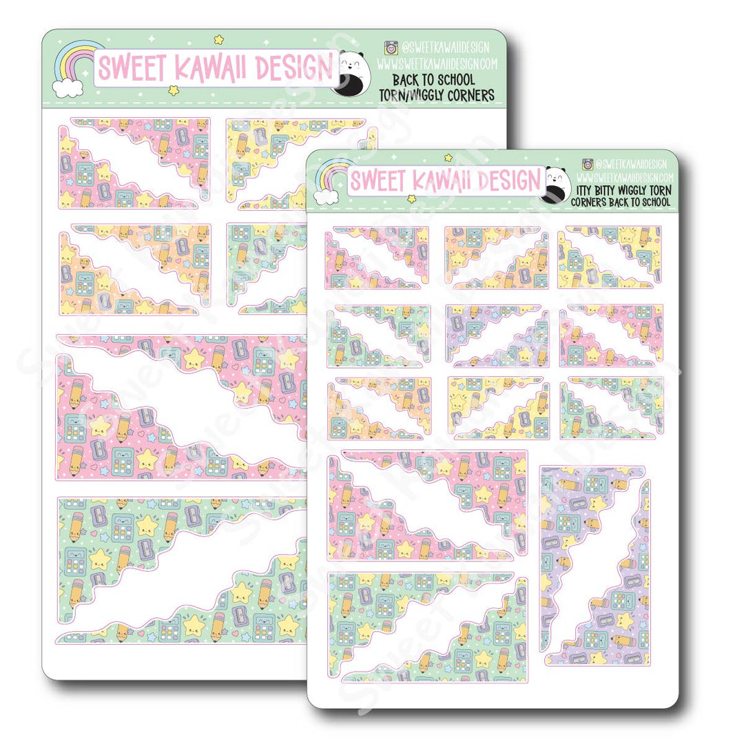 Kawaii Torn / Wiggly Corner Stickers - Back to School
