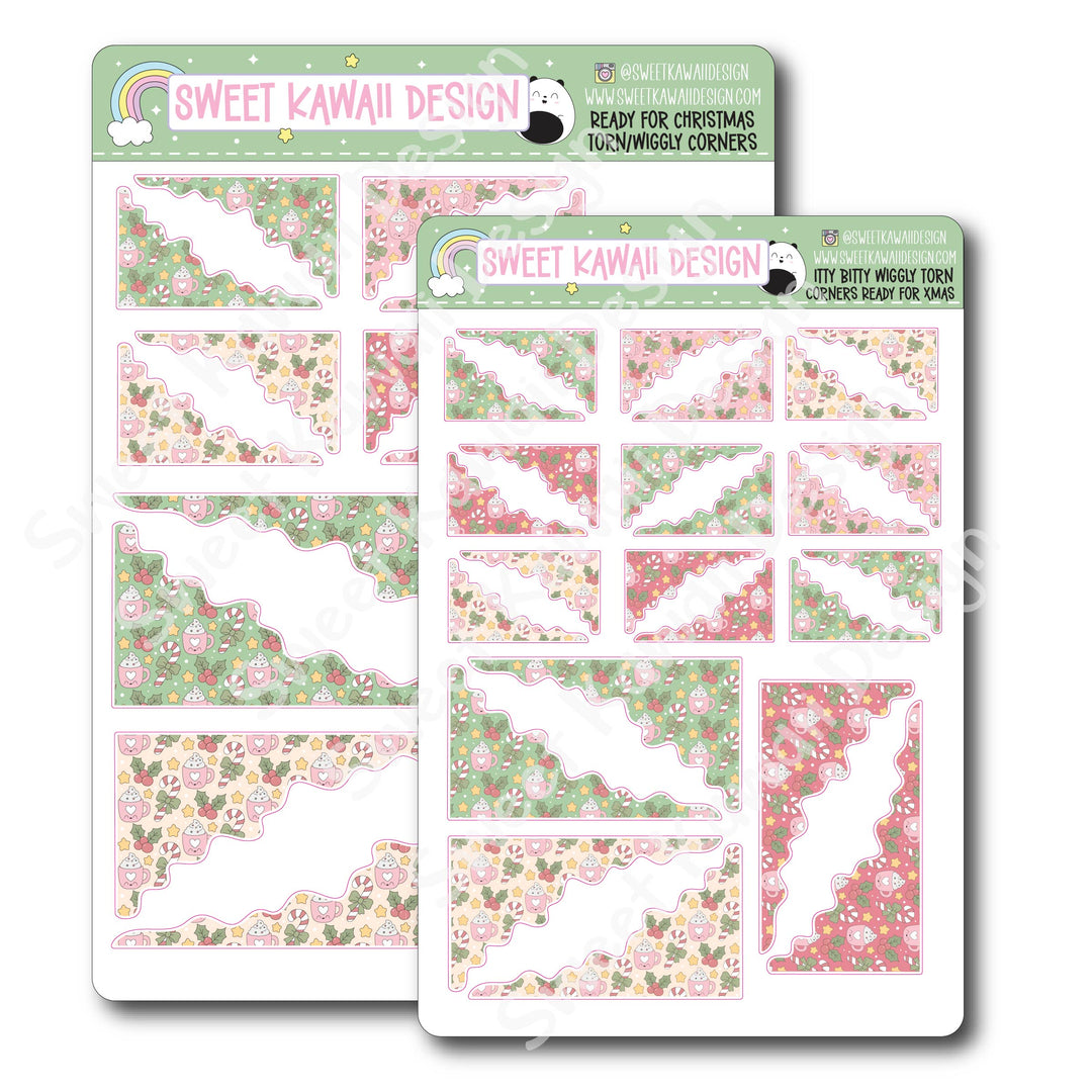 Kawaii Torn / Wiggly Corner Stickers - Ready for Christmas