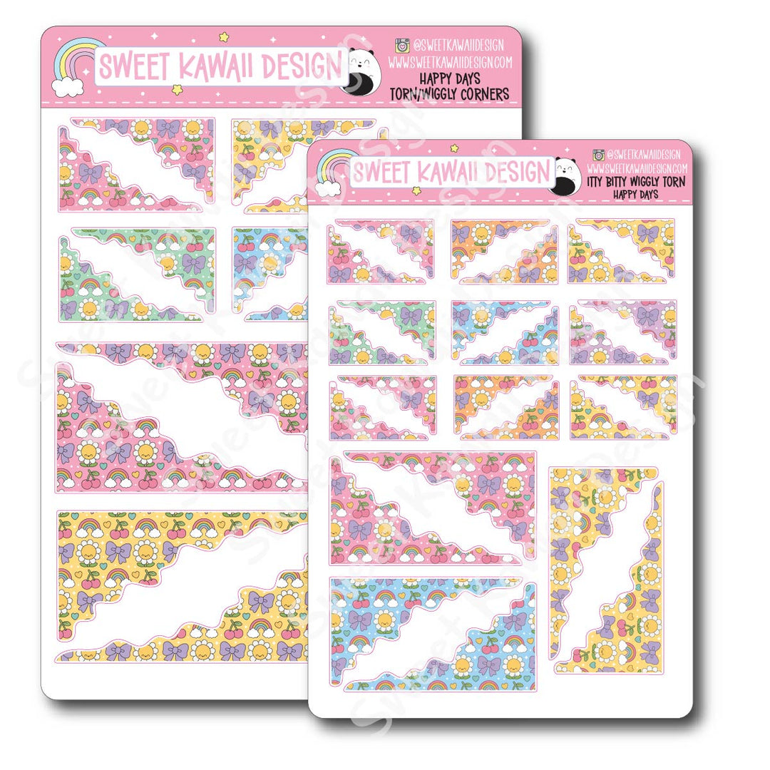 Kawaii Torn / Wiggly Corner Stickers - Happy Days