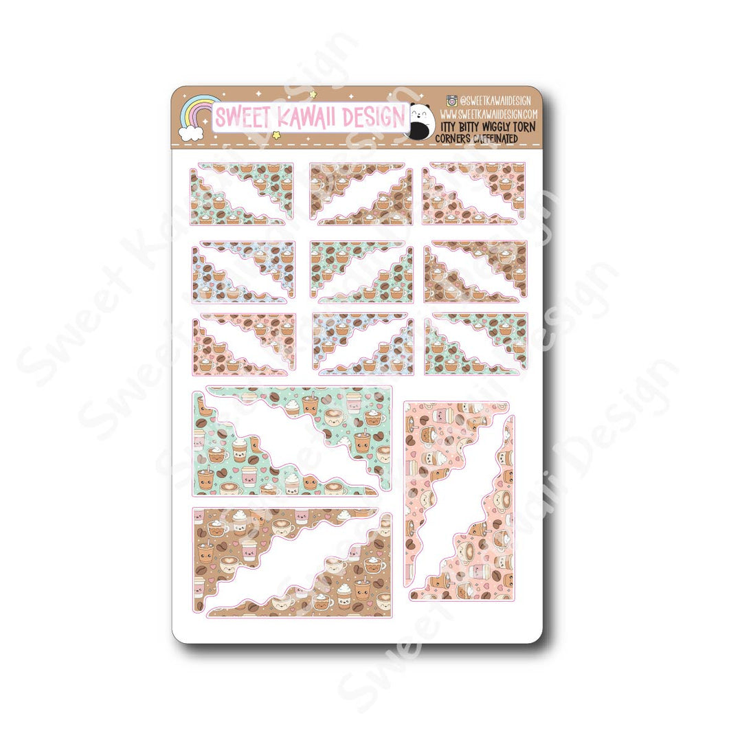 Kawaii Torn / Wiggly Corner Stickers - Caffeinated