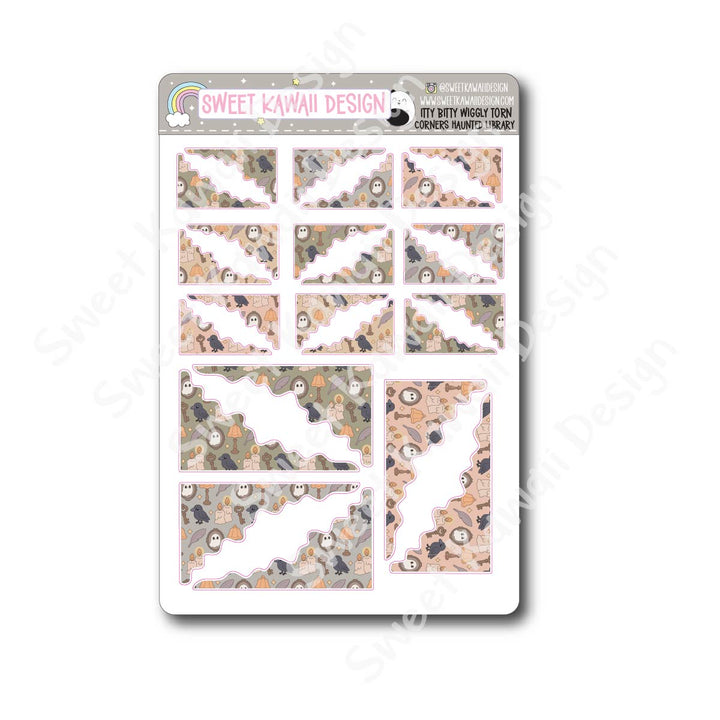 Kawaii Torn / Wiggly Corner Stickers - Haunted Library
