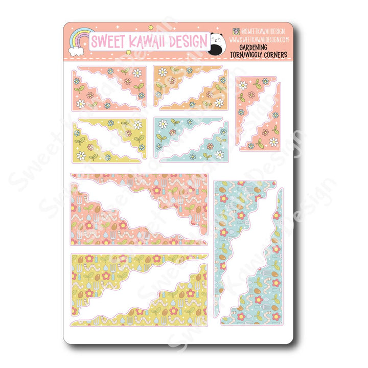 Kawaii Torn / Wiggly Corner Stickers - Gardening