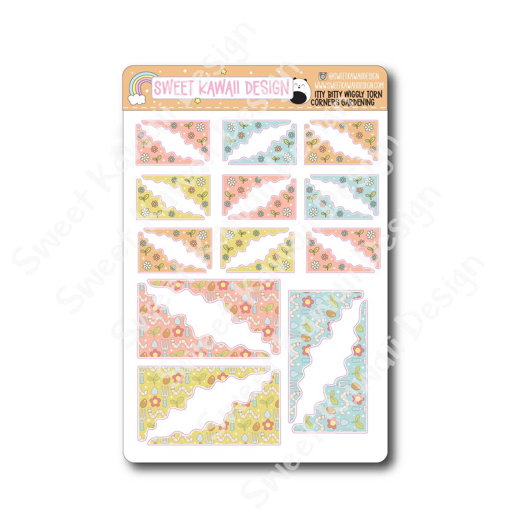 Kawaii Torn / Wiggly Corner Stickers - Gardening