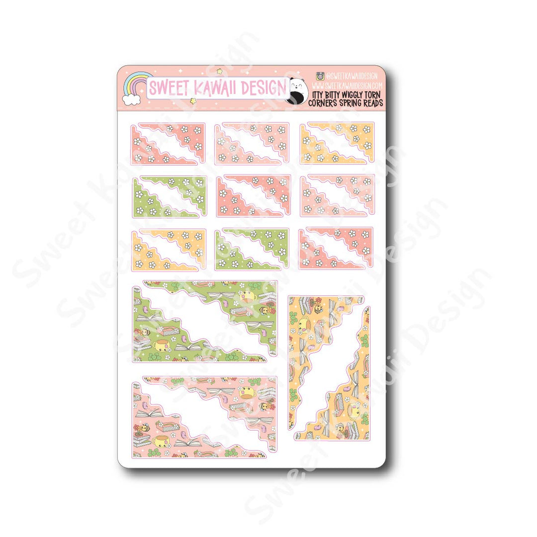 Kawaii Torn / Wiggly Corner Stickers - Spring Reads