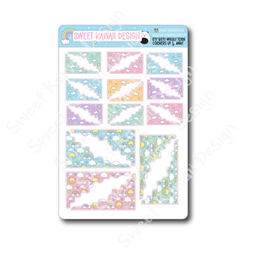 Kawaii Torn / Wiggly Corner Stickers - Up and Away