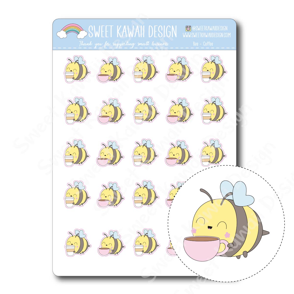 Kawaii Bee Stickers - Coffee
