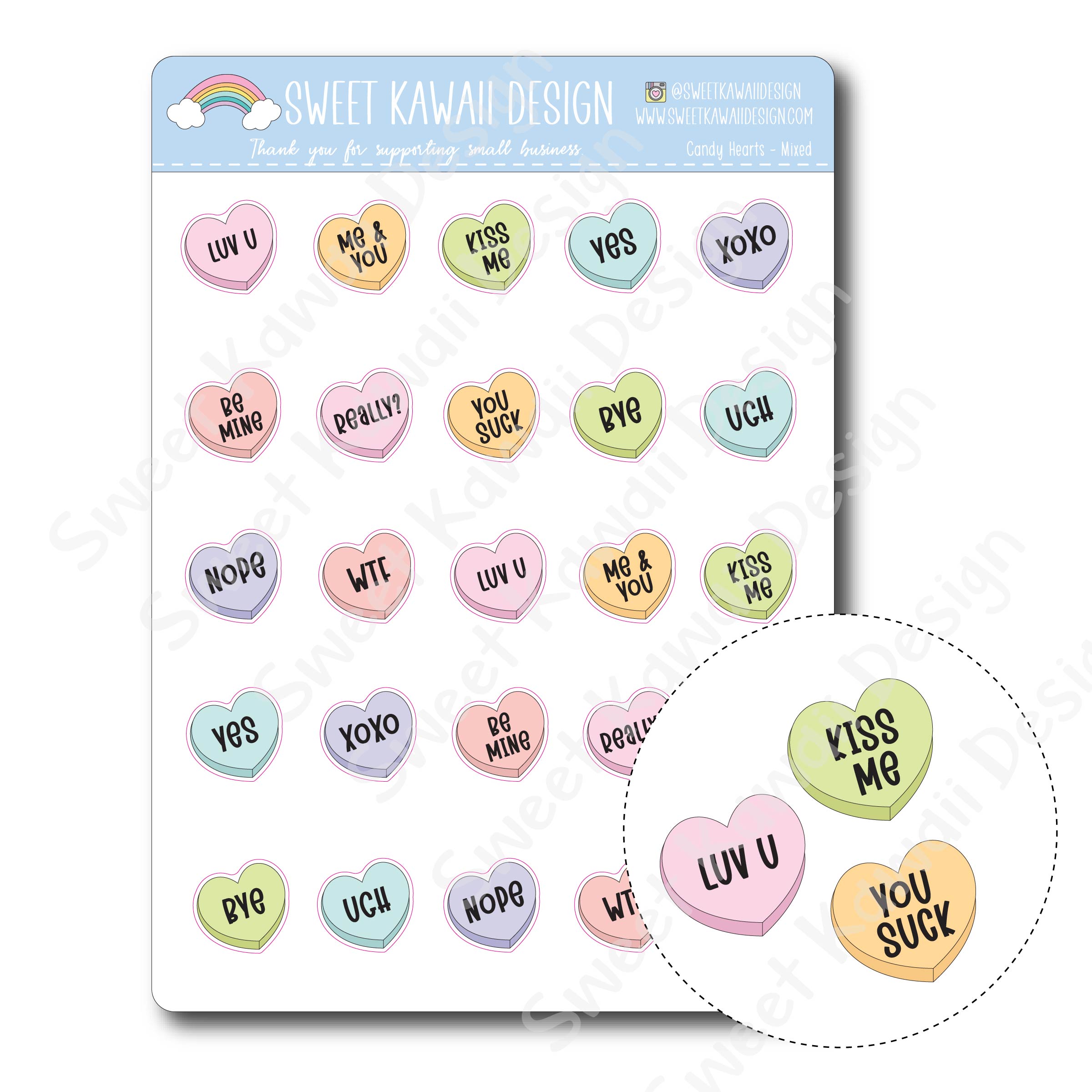 Kawaii Candy Hearts Stickers - Mixed Messages