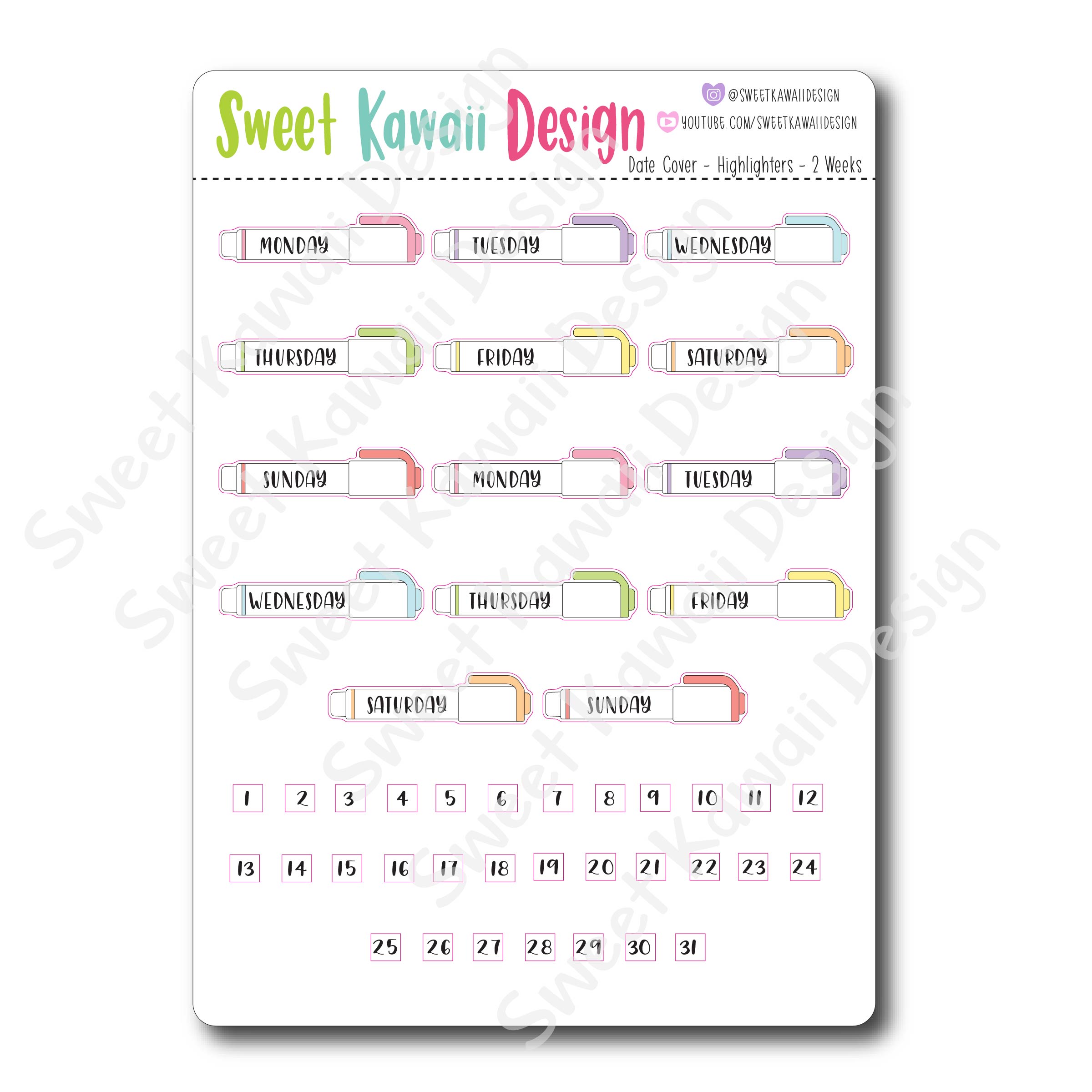 Kawaii Date Cover Stickers - Highlighters