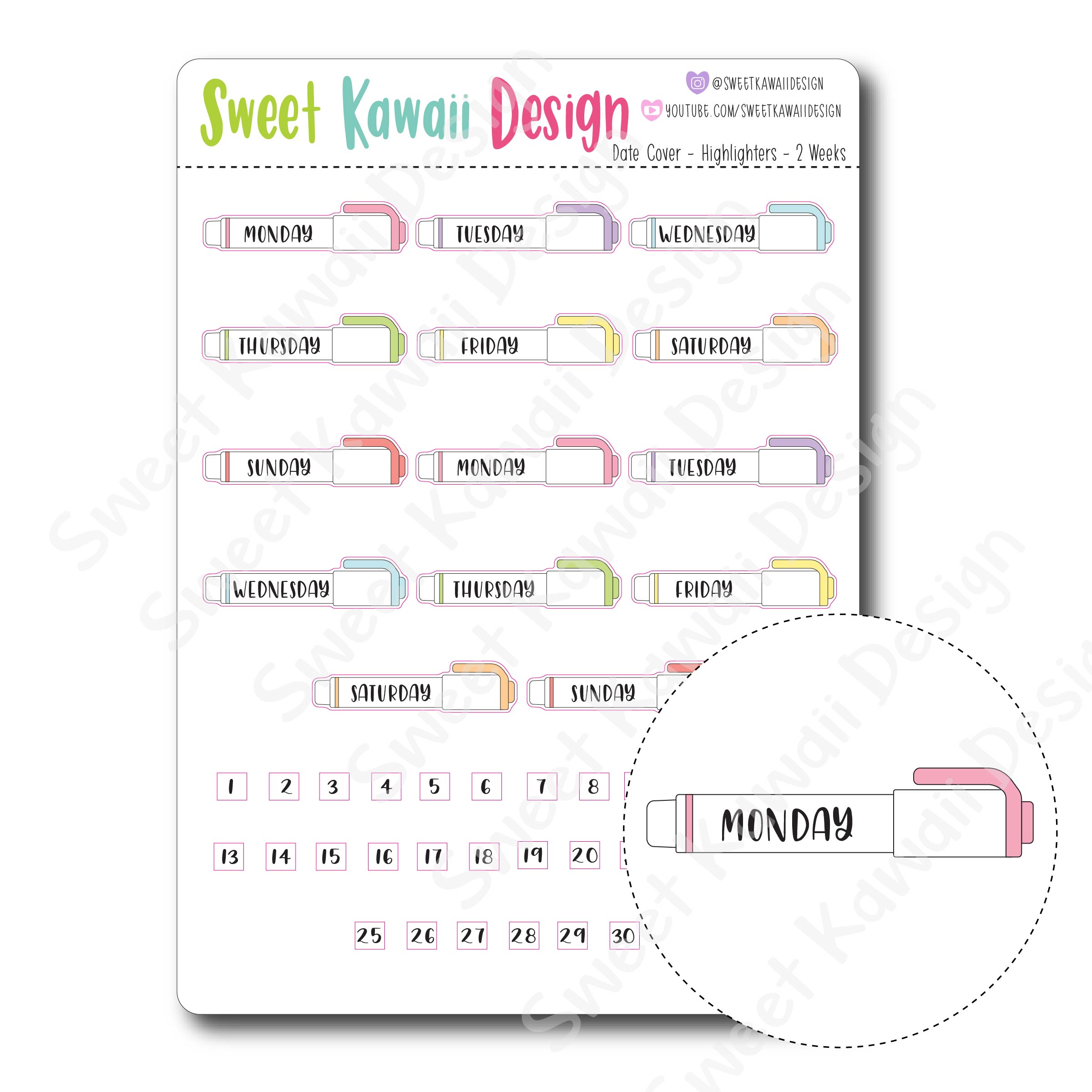 Kawaii Date Cover Stickers - Highlighters