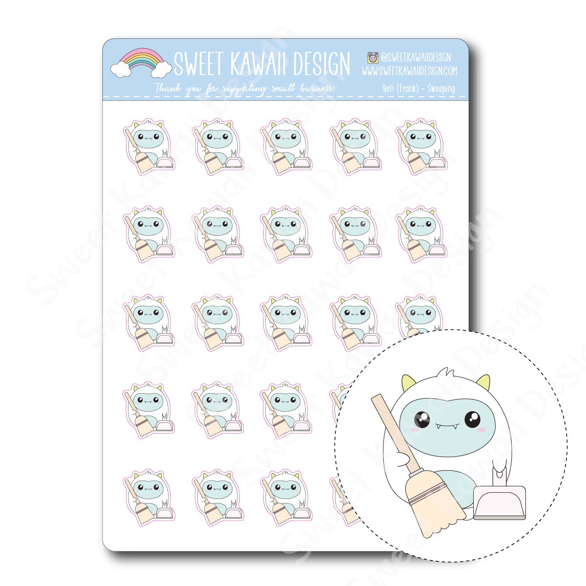 Kawaii Yeti (Frank) Stickers - Sweeping