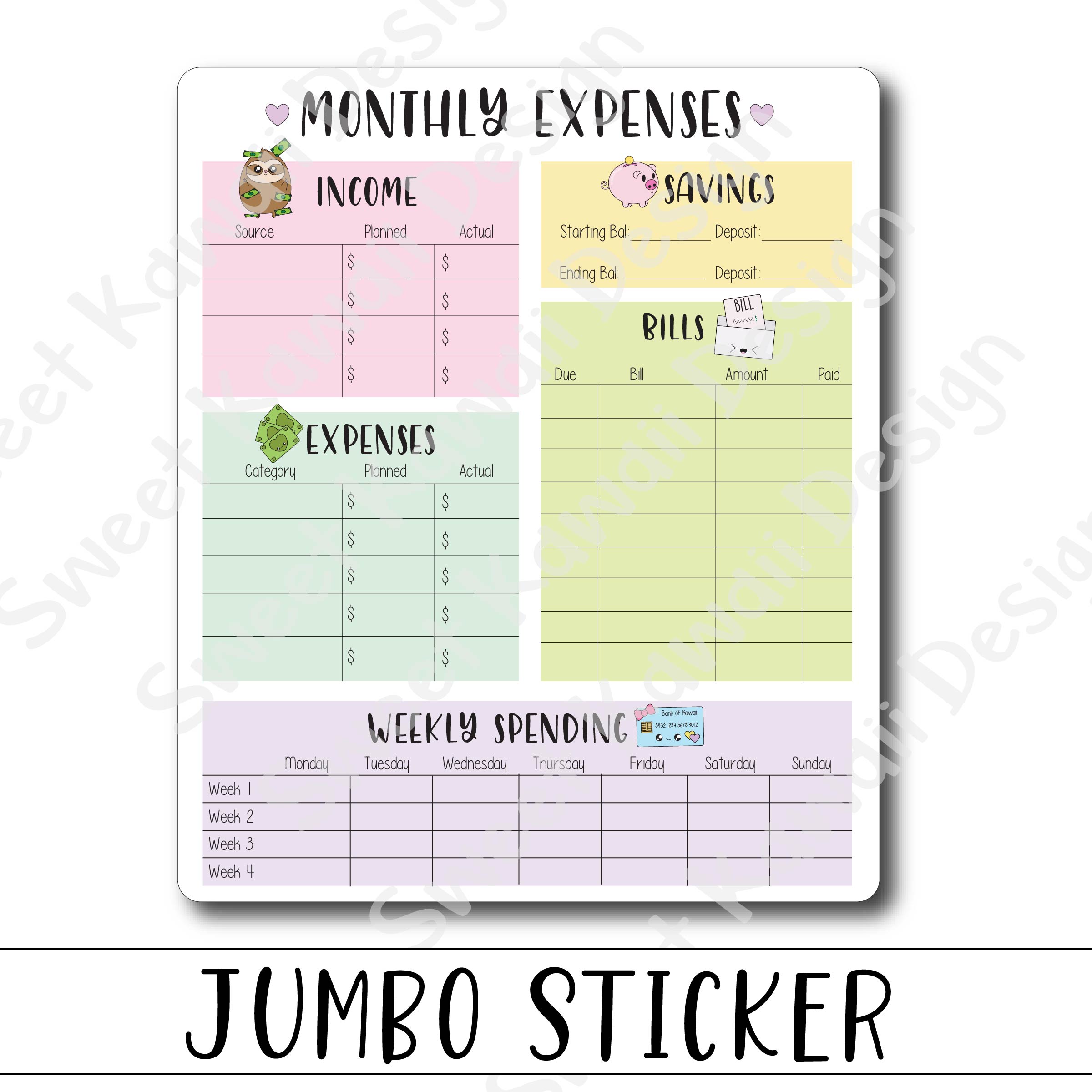 Kawaii Jumbo Sticker - Monthly Expenses - Size Options Available