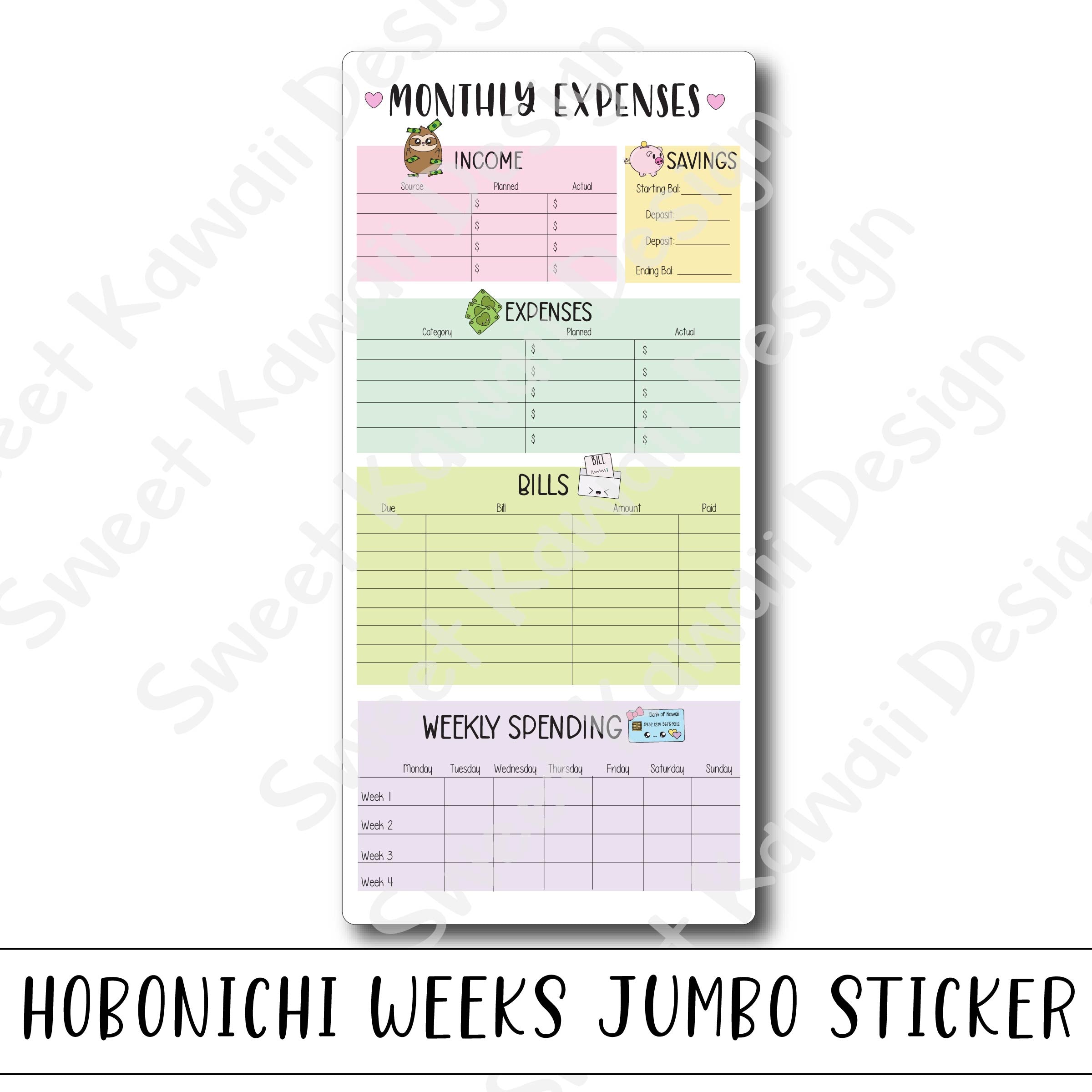 Kawaii Jumbo Sticker - Monthly Expenses - Size Options Available