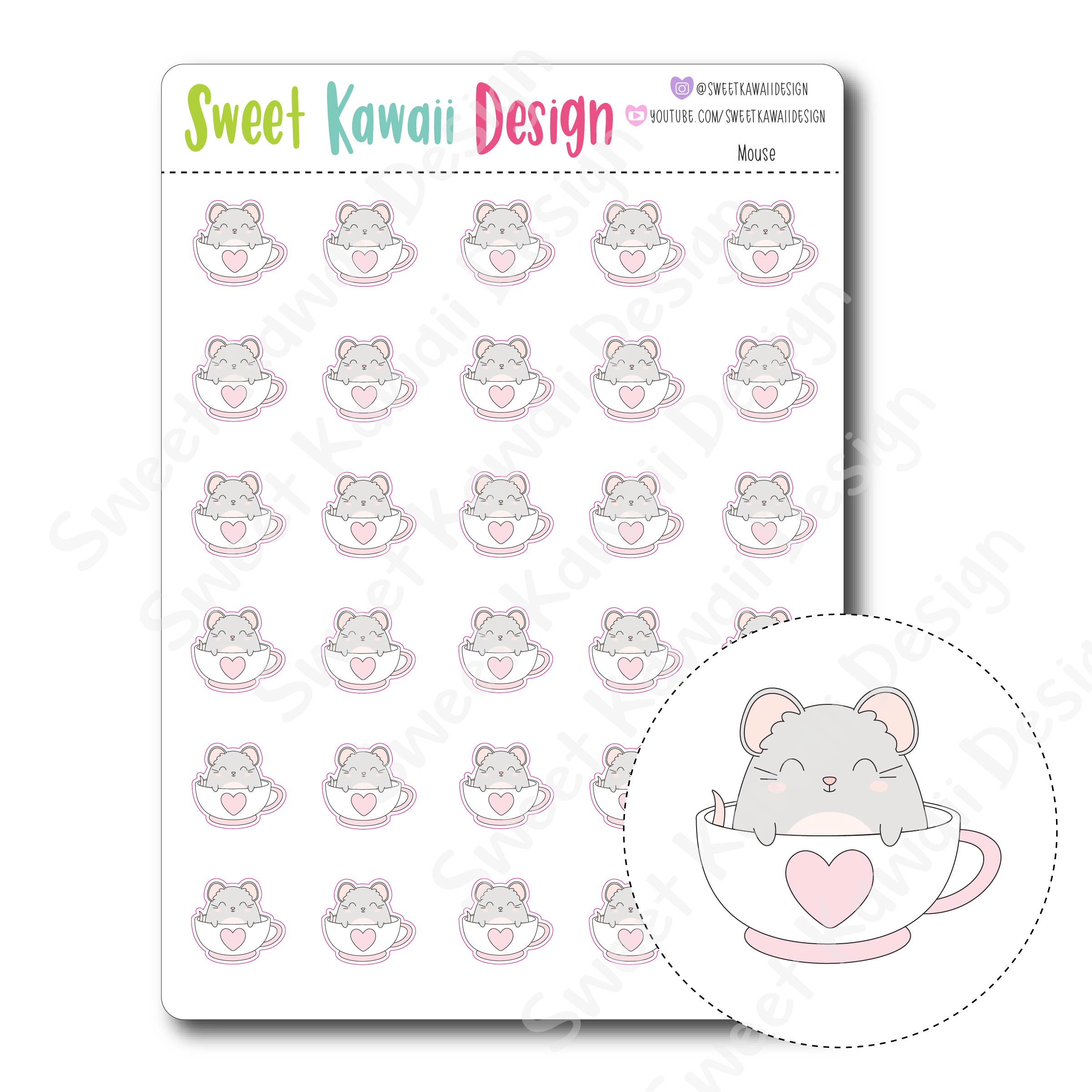 Kawaii Mouse Stickers - Tea cup
